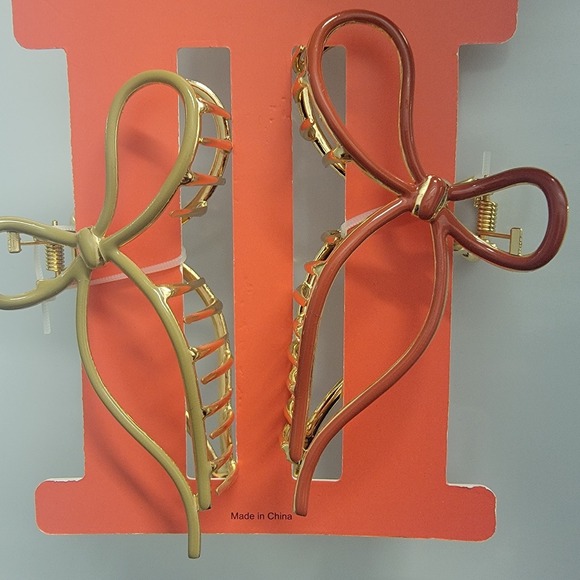 Piper K Metal Bow Ribbon Claw Clips‎ Muave Pink & Olive Sage Green Set Of 2 Gold - Picture 3 of 3